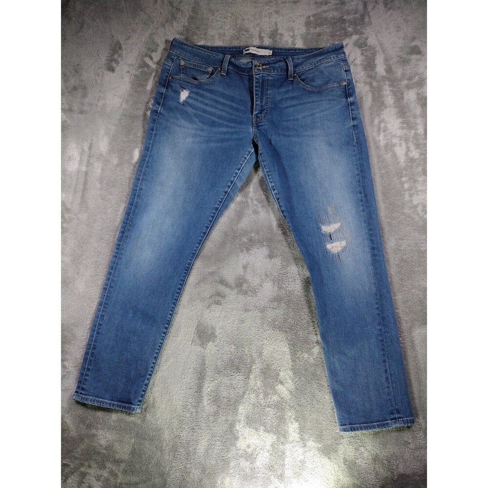Levis Jeans Women 31 x 27 Blue Boyfriend Skinny Mid Rise In Dark Indigo Distress